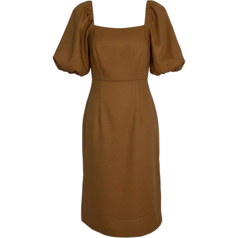 Mi Ami Francescas Linen Blend Brown Puff Sleeve Midi Peasant Dress Womens Small